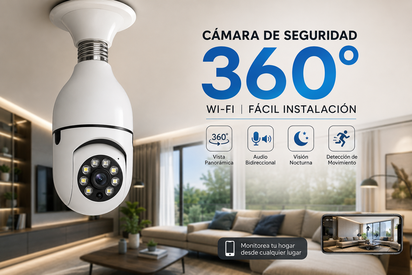 Cámara 360° Wi-Fi para el hogar / Seguridad Inteligente Desde Tu Celular